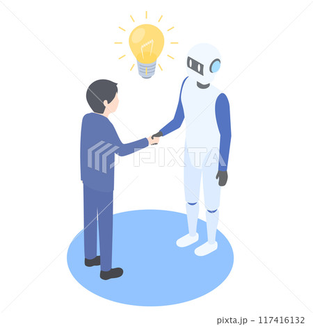 ロボットとスーツの男性が協力してアイデアを生み出すイメージ 117416132