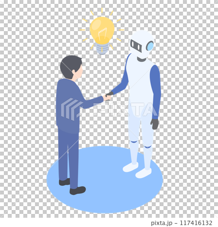 ロボットとスーツの男性が協力してアイデアを生み出すイメージ 117416132
