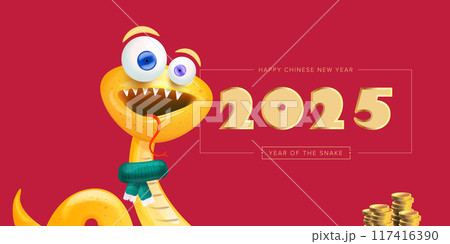 Happy Chinese New Year 2025 illustration vector design with cute and elegant golden snake and golden coins. Cartoon snake with scarf symbol of 2025 lunar year. New year illustration 117416390