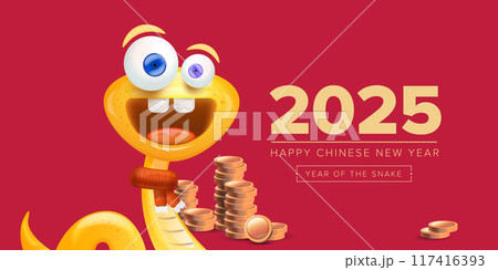 Happy Chinese New Year 2025 illustration vector design with cute and elegant golden snake and golden coins. Cartoon snake with scarf symbol of 2025 lunar year. New year illustration Happy Chinese New Year 2025 illustration vector design with cute and elegant golden snake and golden coins. Cartoon snake with scarf symbol of 2025 lunar year. New year illustration 117416393