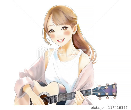 ギターを弾く女性のイラスト素材 117416555