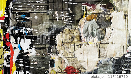 Collage of Old Colorful Posters. Ripped Torn Crumpled Paper. Wall Backdrop Placard Texture. Urban Street Posters Collage. Concert Posters Multilayered Seamless Loop Stop Motion 117416750