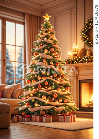 Festive Christmas tree with presents and warm fireplace. 117416878