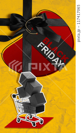 A black friday sign is hanging from a black ribbon A black friday sign is hanging from a black ribbon 117417065