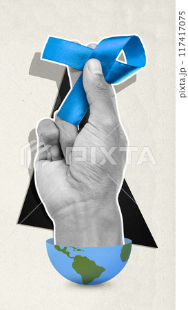 A hand holding a blue ribbon with a triangle in the background A hand holding a blue ribbon with a triangle in the background 117417075