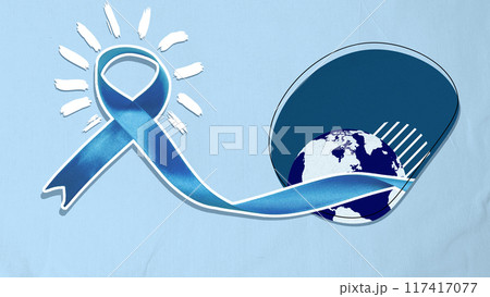 A blue ribbon is wrapped around a globe, symbolizing the importance of awareness A blue ribbon is wrapped around a globe, symbolizing the importance of awareness 117417077