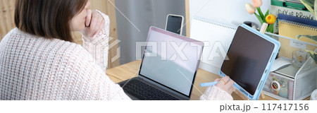asian woman use laptop and internet for conference online and work from home asian woman use laptop and internet for conference online and work from home 117417156