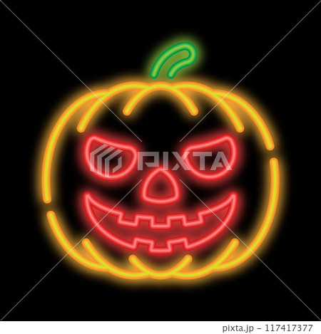 Neon glowing spooky Pumpkin fruit. Autumn Halloween pumpkins. Glowing neon icon isolated on black background 117417377