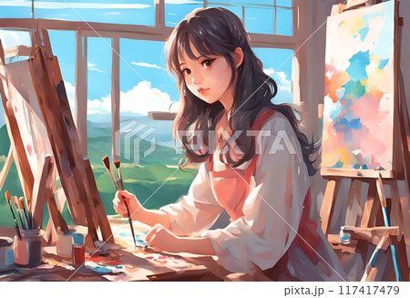 絵を描くかわいい女性のイラスト 117417479