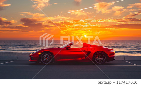 夕景の海と赤いスポーツカー01 117417610