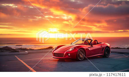 夕景の海と赤いスポーツカー02 117417611