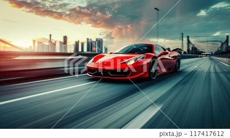 高速道路を走る赤いスポーツカー01 117417612