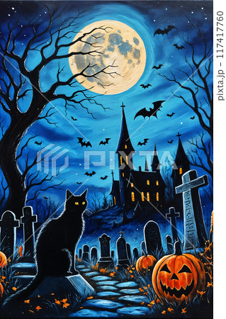 Halloween night scene with a cat and a haunted house. 117417760