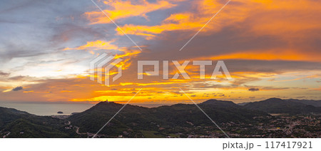 Aerial view of Phuket's Big Buddha during a dramatic sunset 117417921