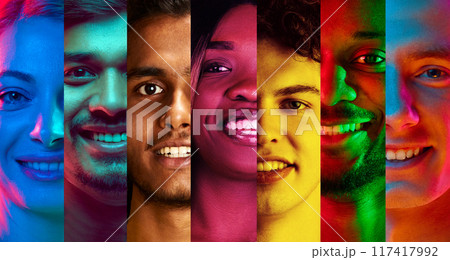 Vibrant collage of close up smiling faces, illuminated by diverse colors, celebrating gender equality and unity. 117417992