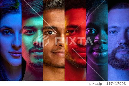 Striking collage of diverse faces in vertical strips, each illuminated by bold, colorful lighting, celebrating individuality. Striking collage of diverse faces in vertical strips, each illuminated by bold, colorful lighting, celebrating individuality. 117417998