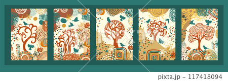 A set of paintings with decorative trees and birds. Decorative tree and birds. hand drawing. Not AI Vector illustration A set of paintings with decorative trees and birds. Decorative tree and birds. hand drawing. Not AI Vector illustration 117418094