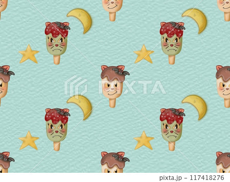 Seamless pattern of ice cream in a waffle and popsicles with red jam,chocolate for your Halloween on colorful background. 117418276