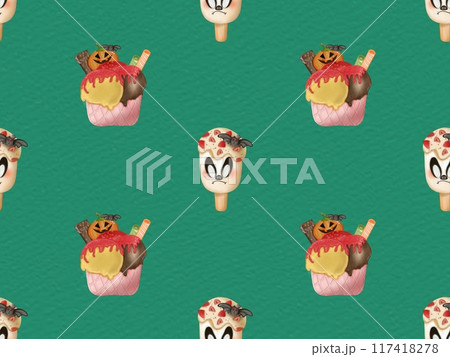 Seamless pattern of ice cream in a waffle and popsicles with red jam,chocolate for your Halloween on colorful background. 117418278