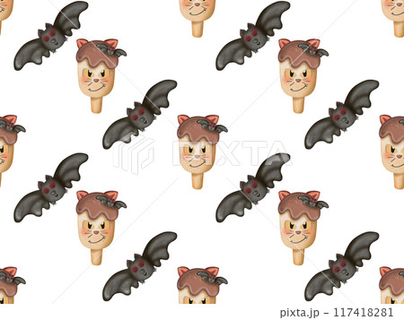 Seamless pattern of ice cream in a waffle and popsicles with red jam,chocolate for your Halloween on colorful background. 117418281