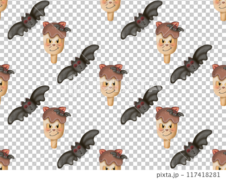 Seamless pattern of ice cream in a waffle and popsicles with red jam,chocolate for your Halloween on colorful background. 117418281