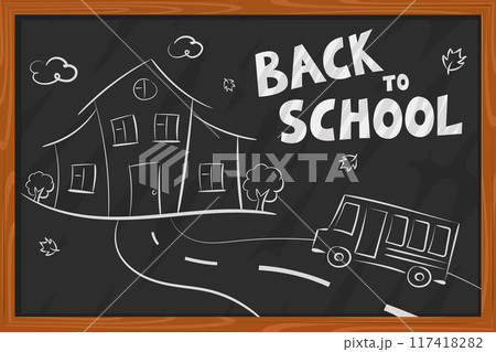 Back to school. The bus goes to school on the board. 117418282