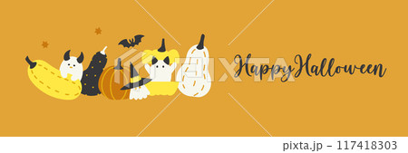 カボチャとお化けのハロウィンバナー ( ベクター 背景イラスト オレンジ ) 117418303