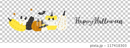 カボチャとお化けのハロウィンバナー ( ベクター 背景イラスト オレンジ ) 117418303