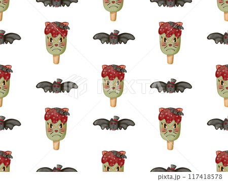Seamless pattern of ice cream in a waffle and popsicles with red jam,chocolate  for your Halloween.  117418578