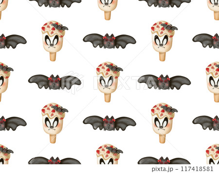 Seamless pattern of ice cream in a waffle and popsicles with red jam,chocolate  for your Halloween.  117418581
