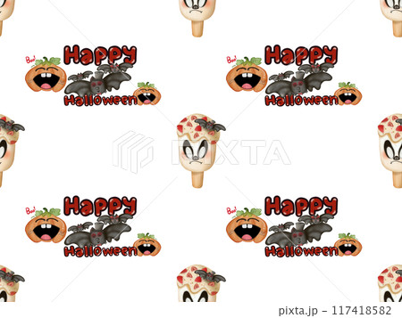 Seamless pattern of ice cream in a waffle and popsicles with red jam,chocolate  for your Halloween.  117418582