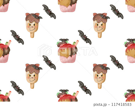 Seamless pattern of ice cream in a waffle and popsicles with red jam,chocolate for your Halloween. Seamless pattern of ice cream in a waffle and popsicles with red jam,chocolate for your Halloween. 117418583
