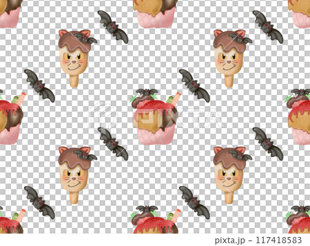 Seamless pattern of ice cream in a waffle and popsicles with red jam,chocolate for your Halloween. Seamless pattern of ice cream in a waffle and popsicles with red jam,chocolate for your Halloween. 117418583