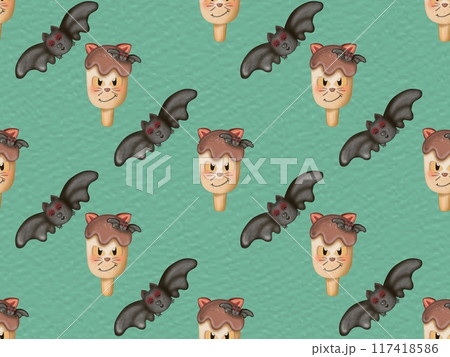Seamless pattern of ice cream in a waffle and popsicles with red jam,chocolate for your Halloween. Seamless pattern of ice cream in a waffle and popsicles with red jam,chocolate for your Halloween. 117418586