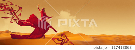 Dance in the desert. Elegant woman in flowing red dress dancing across the golden dunes. Freedom and passion. Contemporary art collage. Dance in the desert. Elegant woman in flowing red dress dancing across the golden dunes. Freedom and passion. Contemporary art collage. 117418868