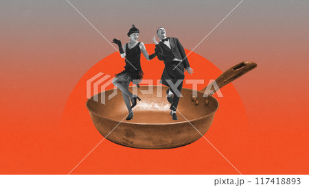 Jazz festival. Dancing in heat. Lively stylish man and woman in elegant costumes dancing on frying pan. Roaring Twenties. Contemporary art collage. 117418893