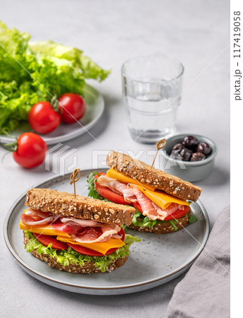 Two toast club sandwiches made of grain bread with cheddar cheese and bacon stuffed with tomatoes Two toast club sandwiches made of grain bread with cheddar cheese and bacon stuffed with tomatoes 117419058