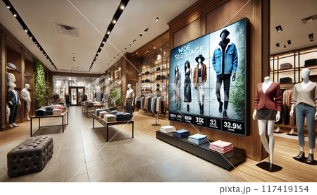 アパレルショップに設置されたデジタルサイネージ アパレルショップに設置されたデジタルサイネージ 117419154