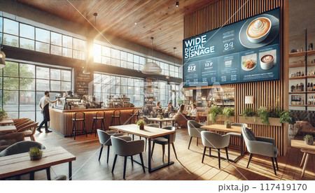 カフェに設置されたデジタルサイネージ カフェに設置されたデジタルサイネージ 117419170