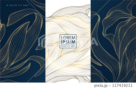 Vector set of gold floral labels, leaf abstract wine package, jewelry, beauty design box. Luxury royal ornament. Vector set of gold floral labels, leaf abstract wine package, jewelry, beauty design box. Luxury royal ornament. 117419211