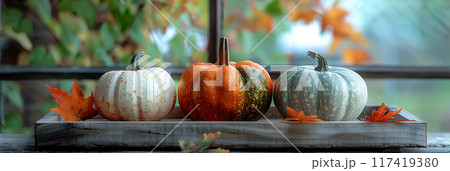Close-up shot of three small pumpkins white, orange and green arranged on a rustic wooden tray with a few autumn leaves scattered around. 117419380