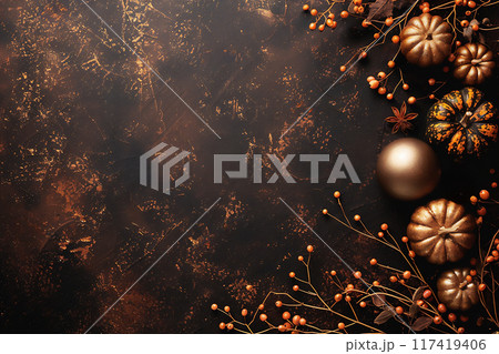 Elegant flat lay with autumn decor featuring gold accents and pumpkins on dark brown vintage background. Great design with copy space. 117419406