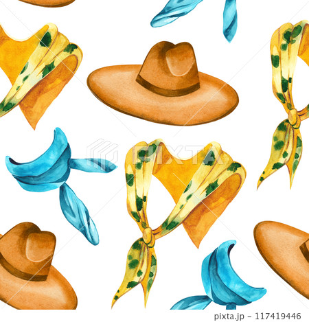Seamless watercolor pattern on the topic of fashion. Slaps and shawls, a hat with wide fields, all objects are painted by hand with a watercolor. Suitable for printing on fabric, paper, for design. Seamless watercolor pattern on the topic of fashion. Slaps and shawls, a hat with wide fields, all objects are painted by hand with a watercolor. Suitable for printing on fabric, paper, for design. 117419446
