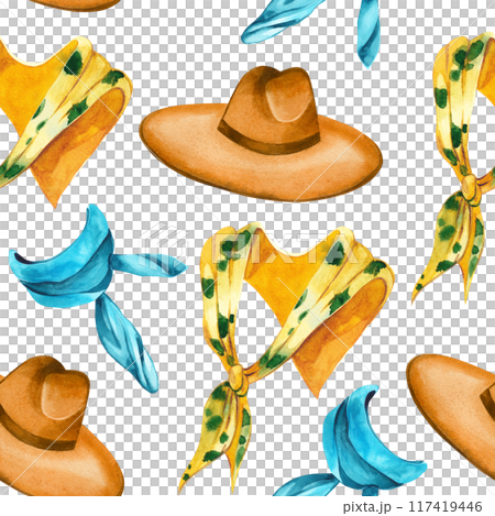 Seamless watercolor pattern on the topic of fashion. Slaps and shawls, a hat with wide fields, all objects are painted by hand with a watercolor. Suitable for printing on fabric, paper, for design. Seamless watercolor pattern on the topic of fashion. Slaps and shawls, a hat with wide fields, all objects are painted by hand with a watercolor. Suitable for printing on fabric, paper, for design. 117419446