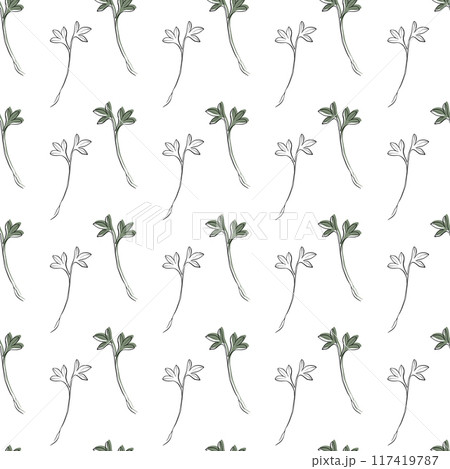 hand drawn vector seamless pattern with microgreens . Contour sprouts of watercress plant. Print for fabric, health food packaging, labels hand drawn vector seamless pattern with microgreens . Contour sprouts of watercress plant. Print for fabric, health food packaging, labels 117419787