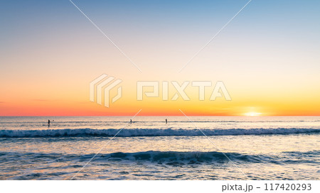 Silhouettes of people paddleboarding at Southport beach 117420293