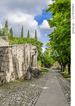 Vertical photo of the pathway in Brescia castle park, cobblestone walkway lined with stone lion 117420467