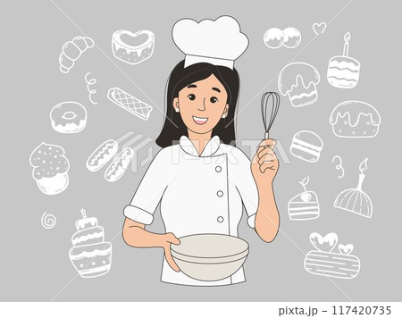 Young woman pastry chef with whisk and bowl in hands 117420735