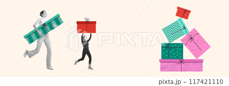 Two women carrying present boxes, forming big pyramid of presents. Preparation for the holiday. Contemporary art collage. 117421110