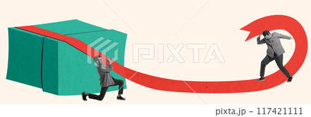 Monochrome men decorating giant present box with wrapping paper and red ribbon. Holiday preparation. Contemporary art collage. Monochrome men decorating giant present box with wrapping paper and red ribbon. Holiday preparation. Contemporary art collage. 117421111